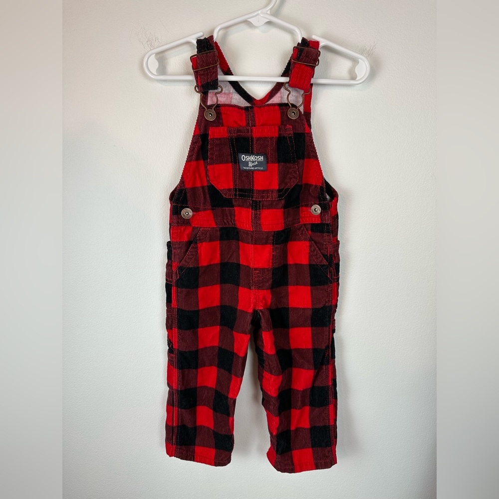 OSHKOSH B’GOSH Baby Boy Red Black Buffalo Plaid Corduroy Overalls | Size 12M
